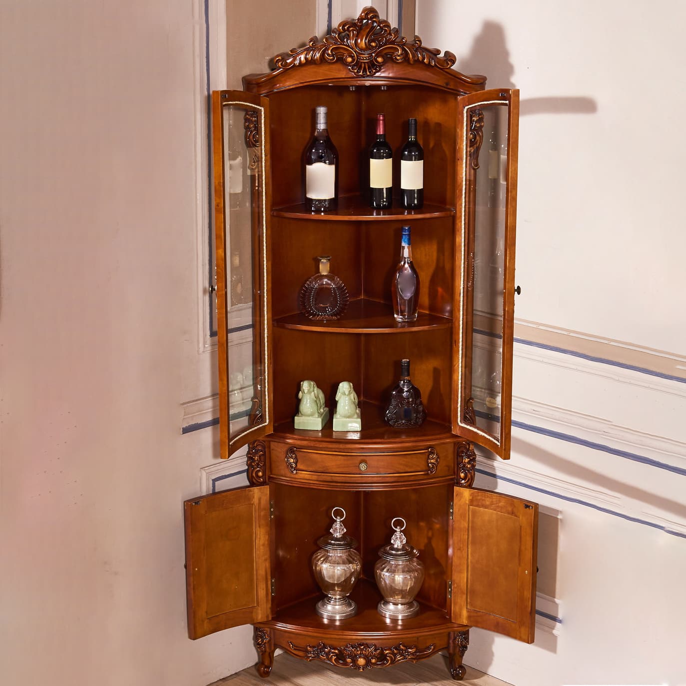 Victorian Solid Wood Triangle Accent Cabinet Glass Paned Cabriole Legs - image 7