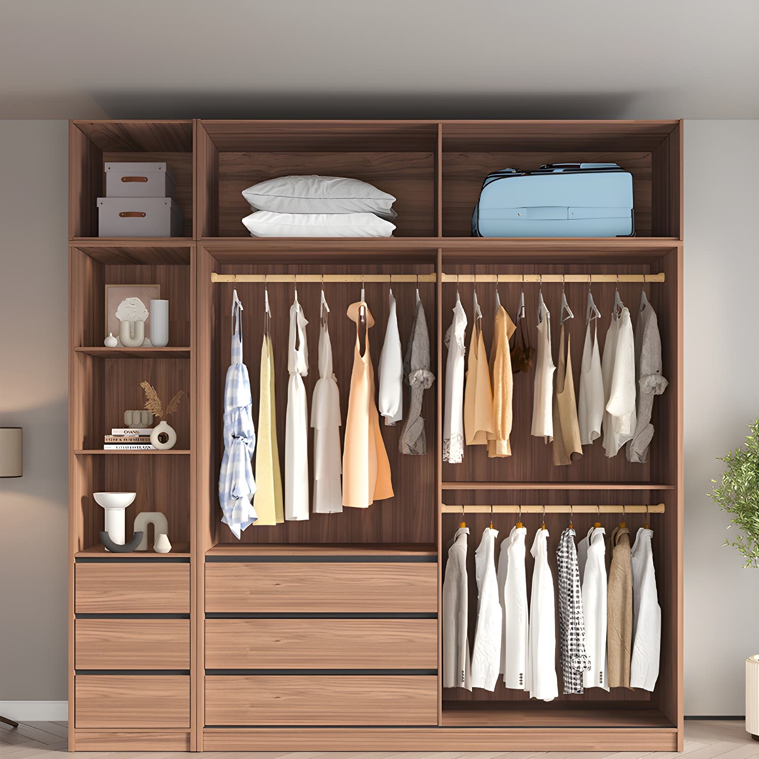 Glass and Wood Wardrobe Cabinet Brown Wardrobe Armoire with Garment Rod - image 10