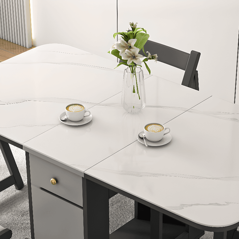 Dining Table Set with Slate Stone Top, Drop Leaf, Padded Chair with Back, White Finish, and Receptacle Storage - image 8