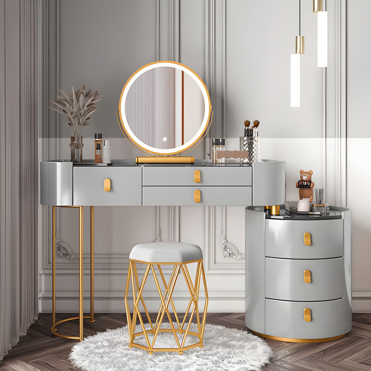 Storage Drawers Dresser Glass/Stone Top Dressing Table with Mirror & Stool - image 7