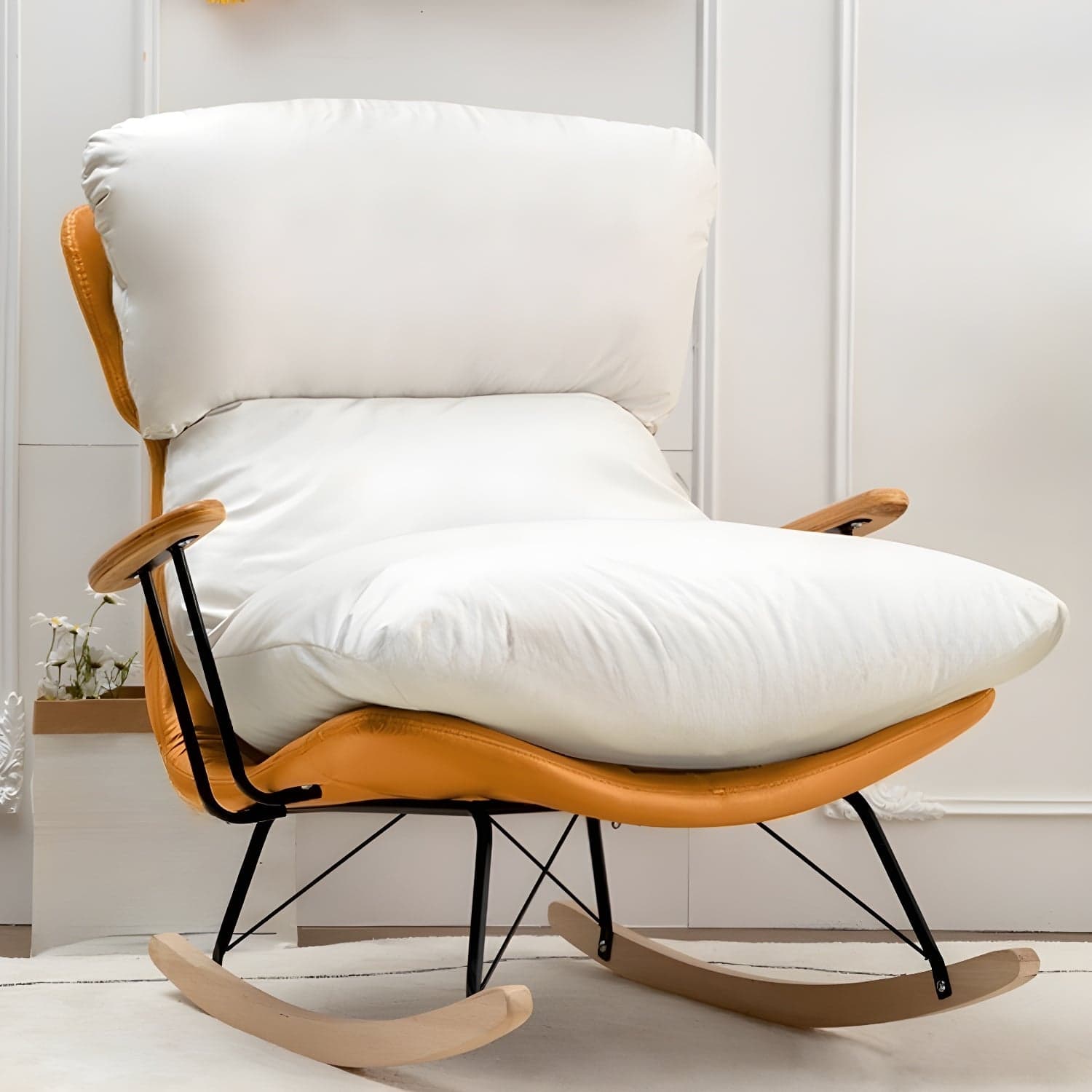 Scandinavian Indoor Upholstered Rocking Chair with Track Arms and Natural Wood Legs - image 5
