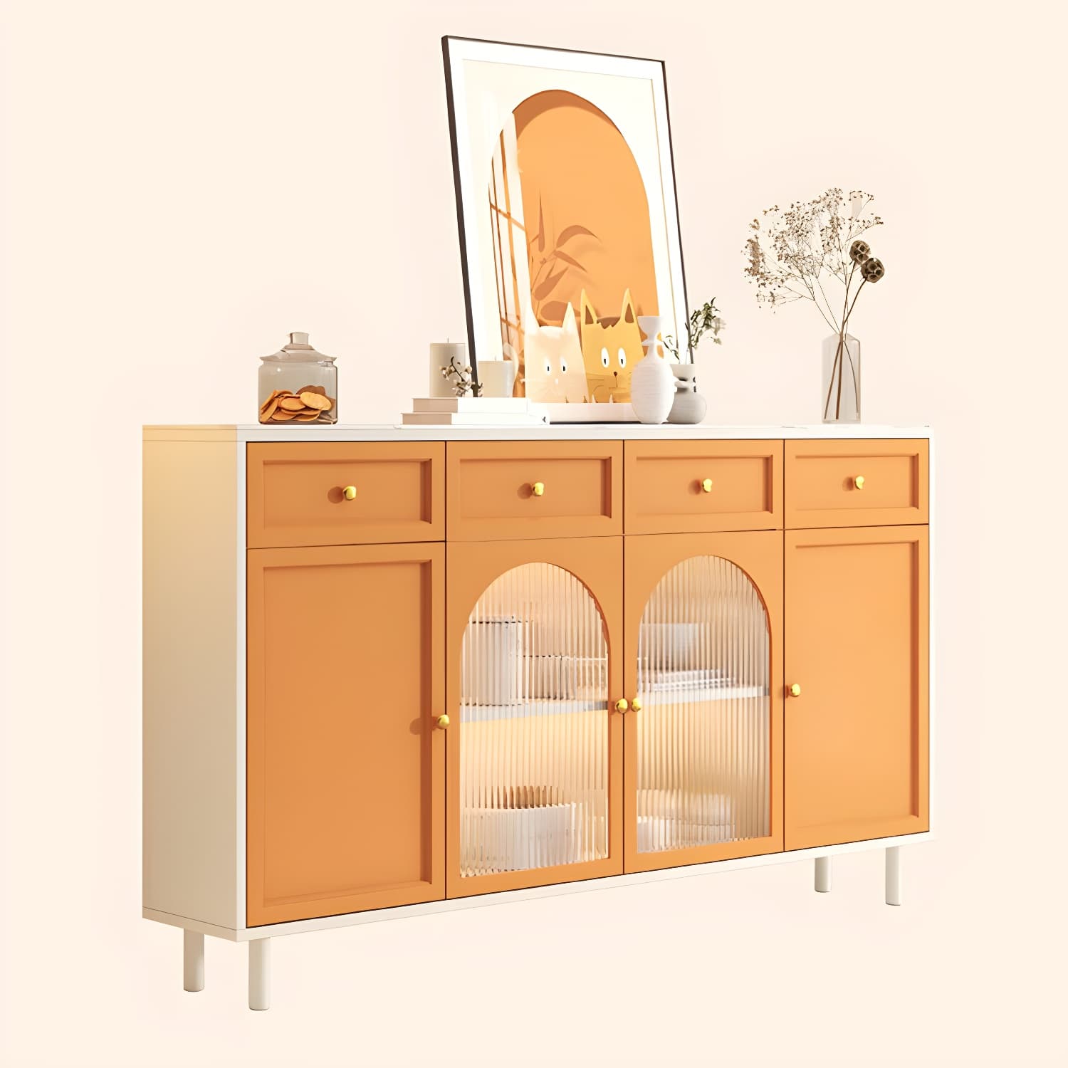 Scandinavian Wood Buffet Sideboard with Stone Countertop and Glass Doors - image 14