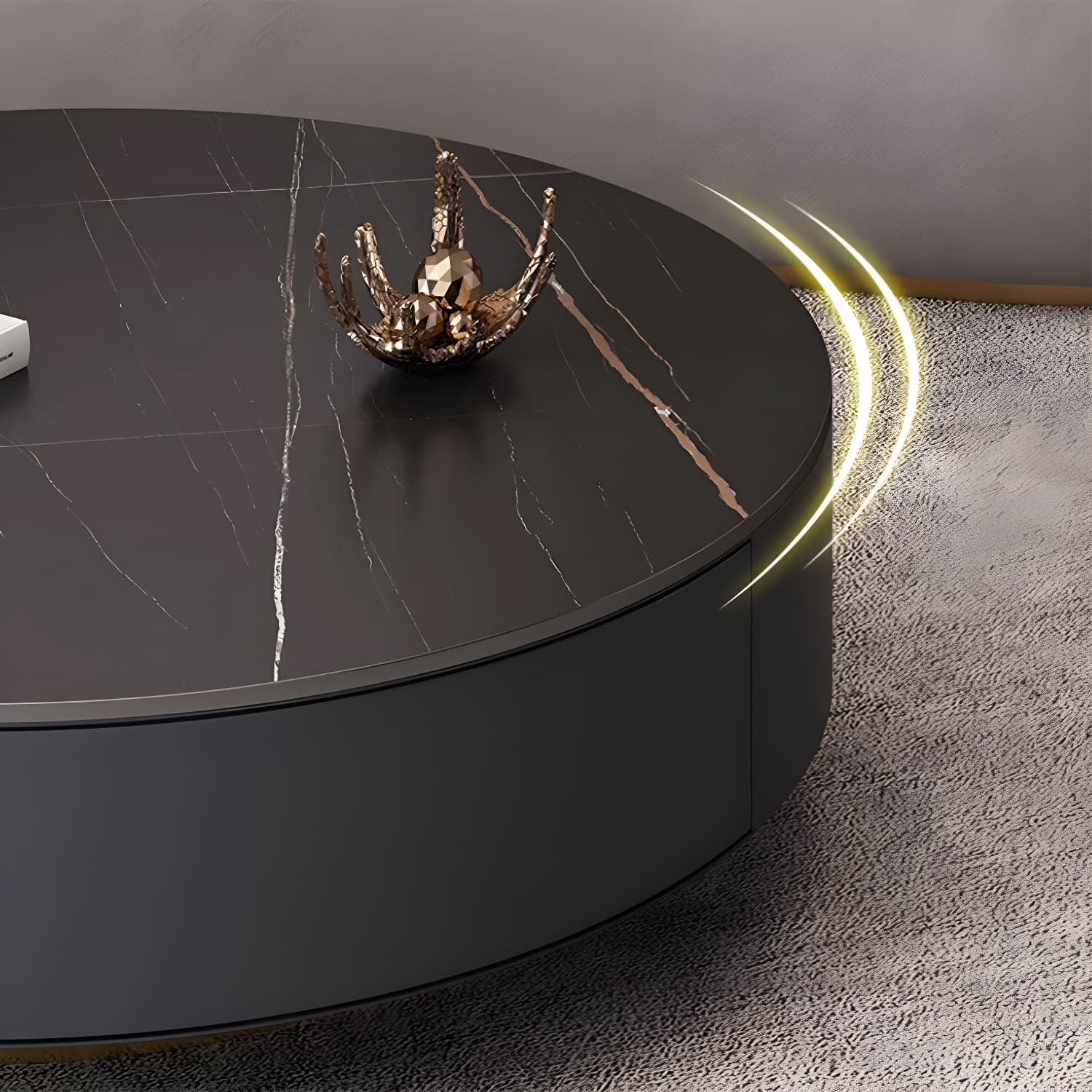 Elegant Gold Metal Drum Coffee Table with Stone Top and Storage Drawers - image 11