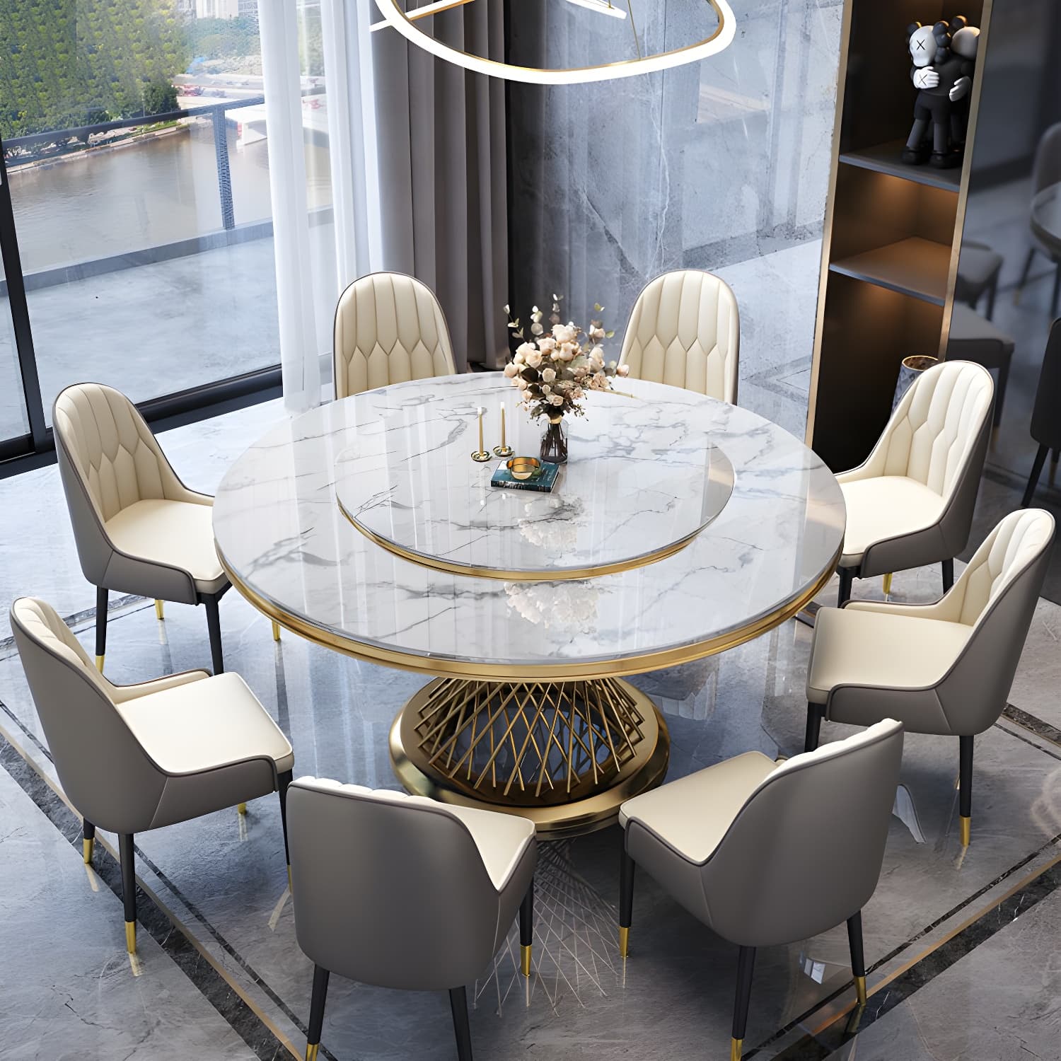 1/5/7/9 Pcs Dining Set with Round Marble Table and Padded Chairs