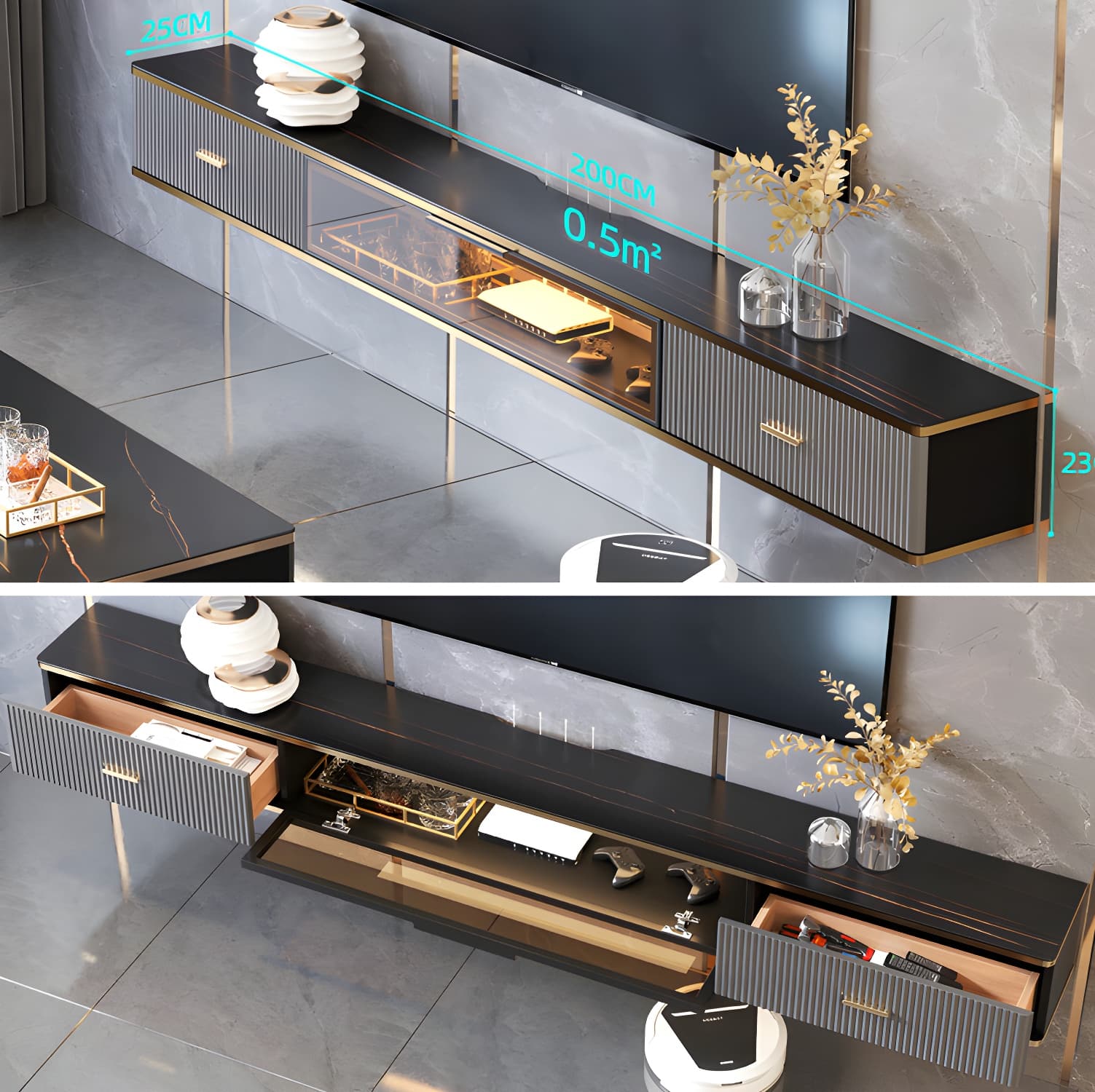 Glam Stone Wall-mounted TV Stand 2 Drawers and 1-Door TV Cabinet - image 13