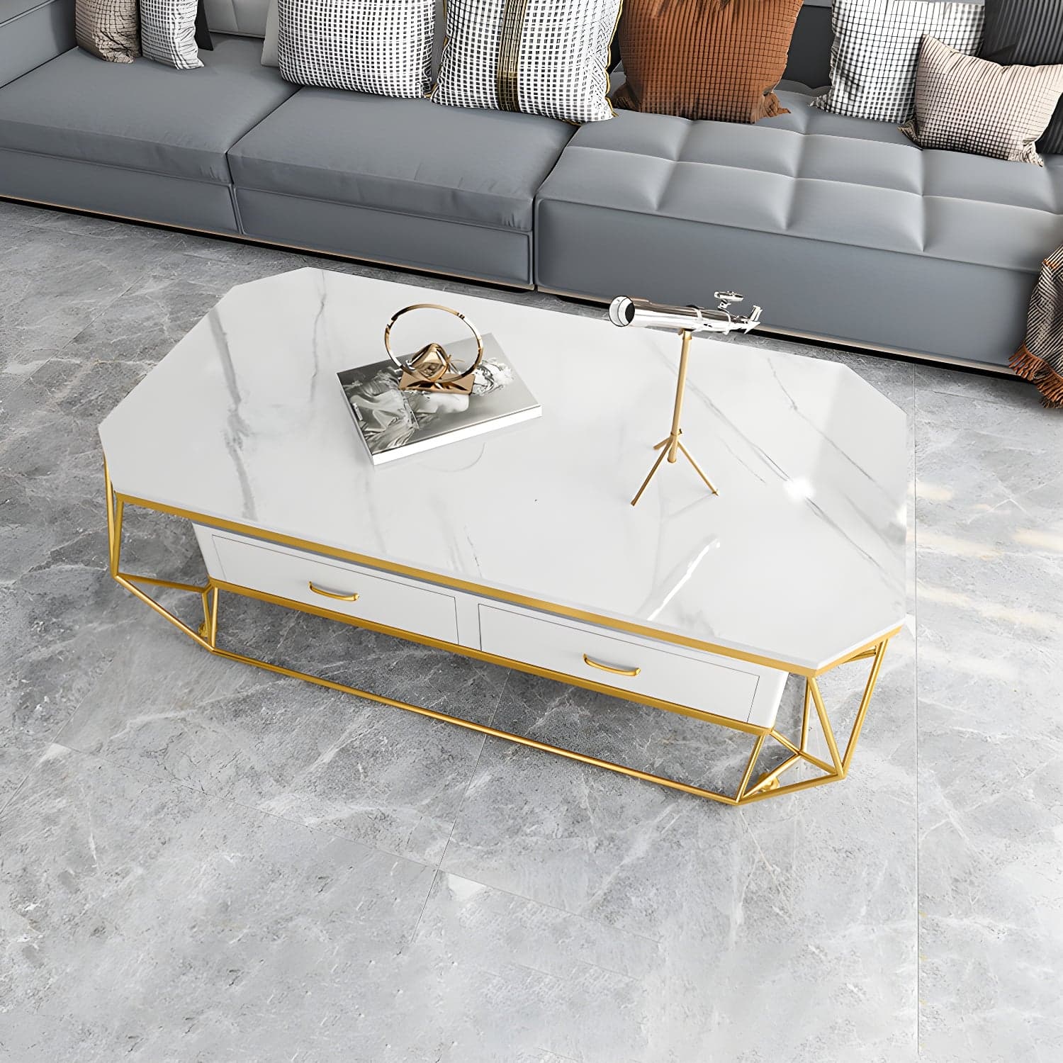Glam Golden Frame Coffee Table with Storage Drawers Cocktail Table - image 4