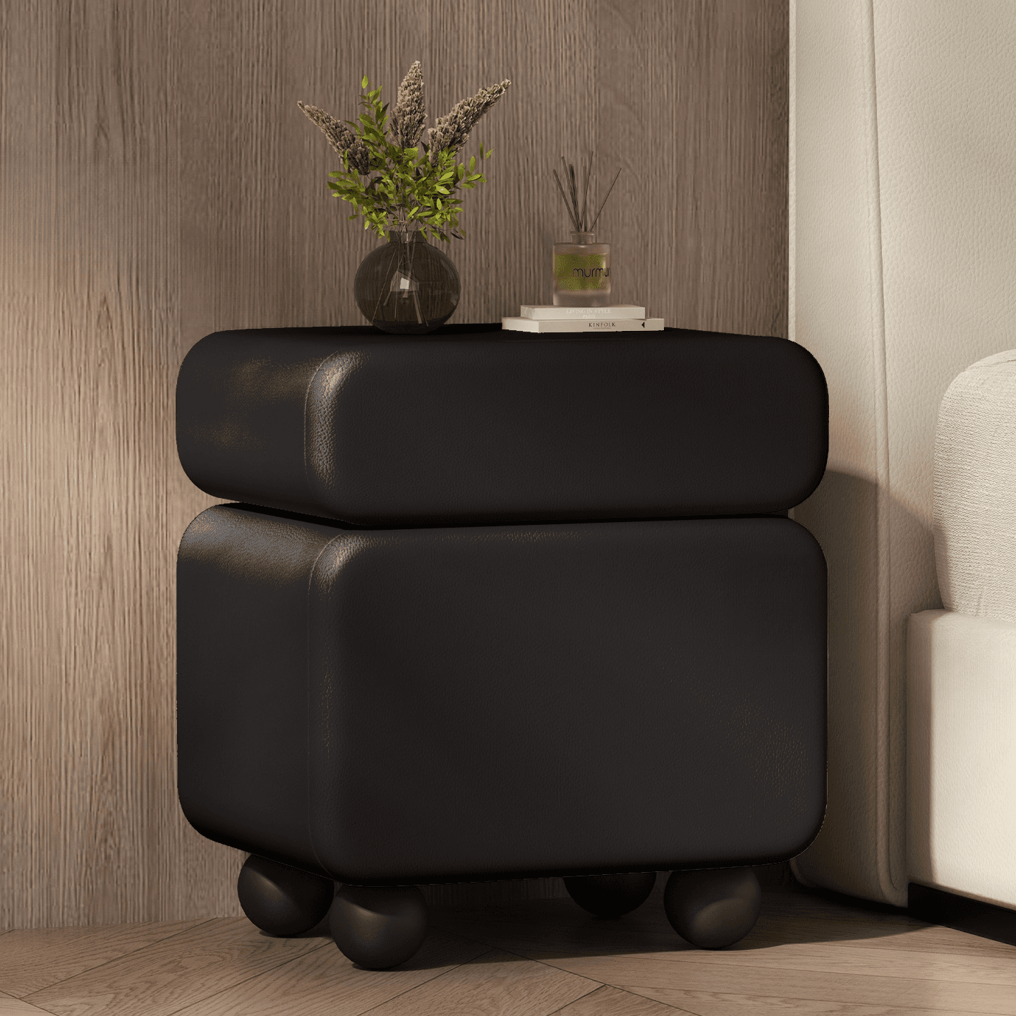 Modish Nightstand With Drawer Organization Featuring 1 Drawer, 1 Cabinet, Right Orientation, and Lumber Countertop