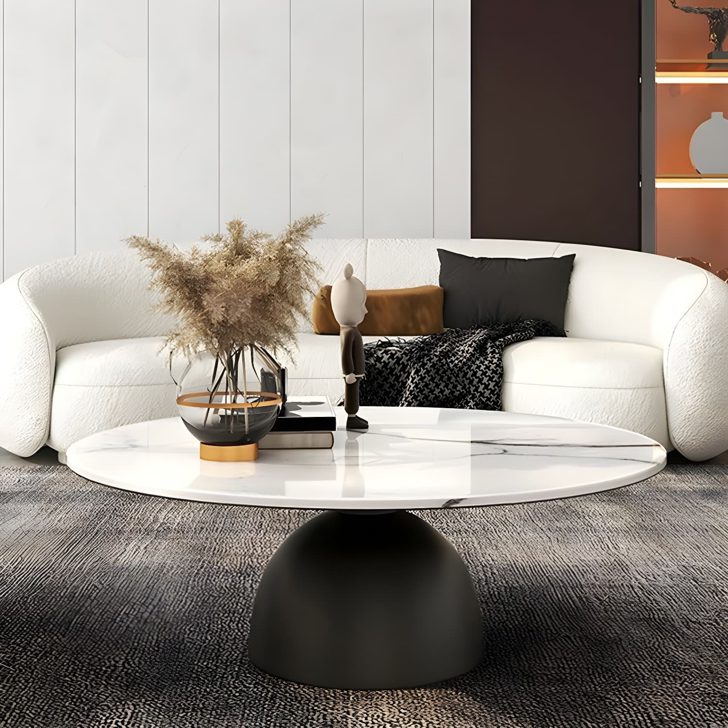 Round Stone Glam Coffee Table with Pedestal Iron Base and Built-in Storage - image 16