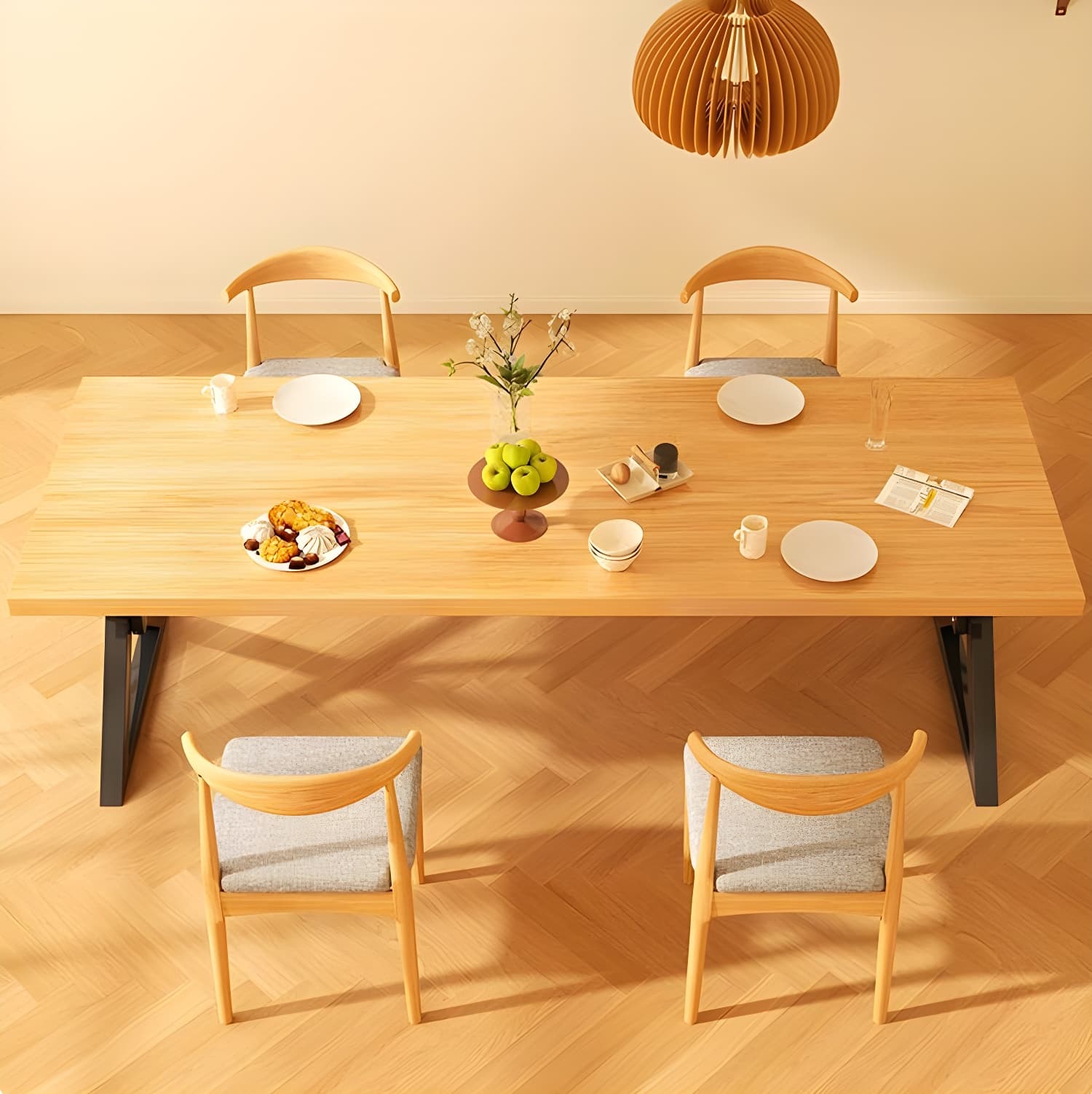 Brown Wood Rectangle Modern Dining Table with Double Black Metal Pedestal Base - image 3