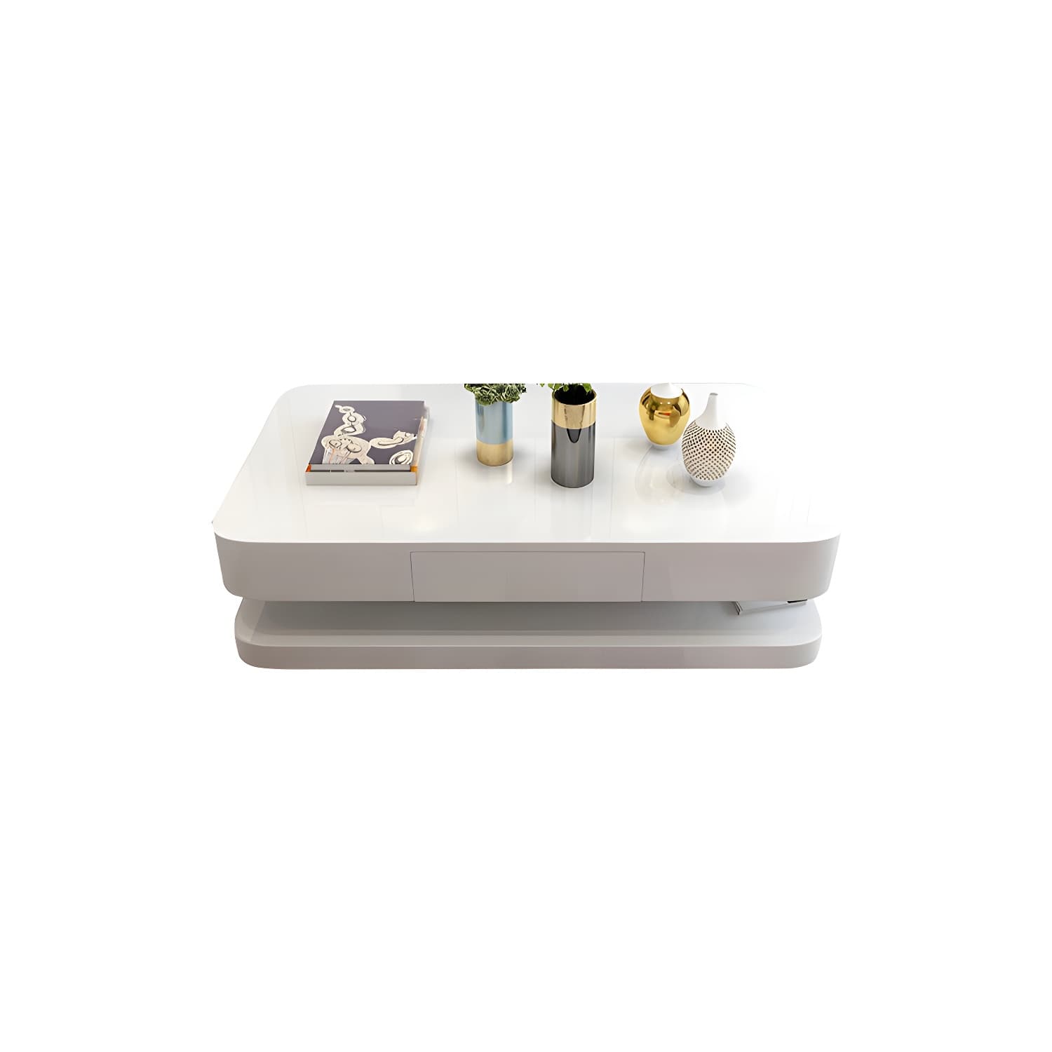 White Modern Coffee Table with Rectangular Wood Top & Block Base - image 5