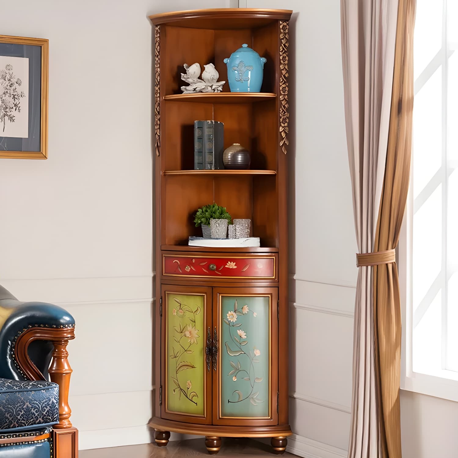 Rustic Corner Accent Cabinet with Wood Counter Top, Drawers, and Cabinet, Small Size - image 7
