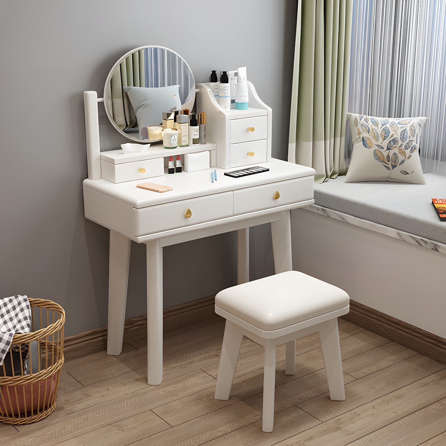 Scandinavian Solid Wood Table Makeup Vanity with Mirror and Drawers - image 5