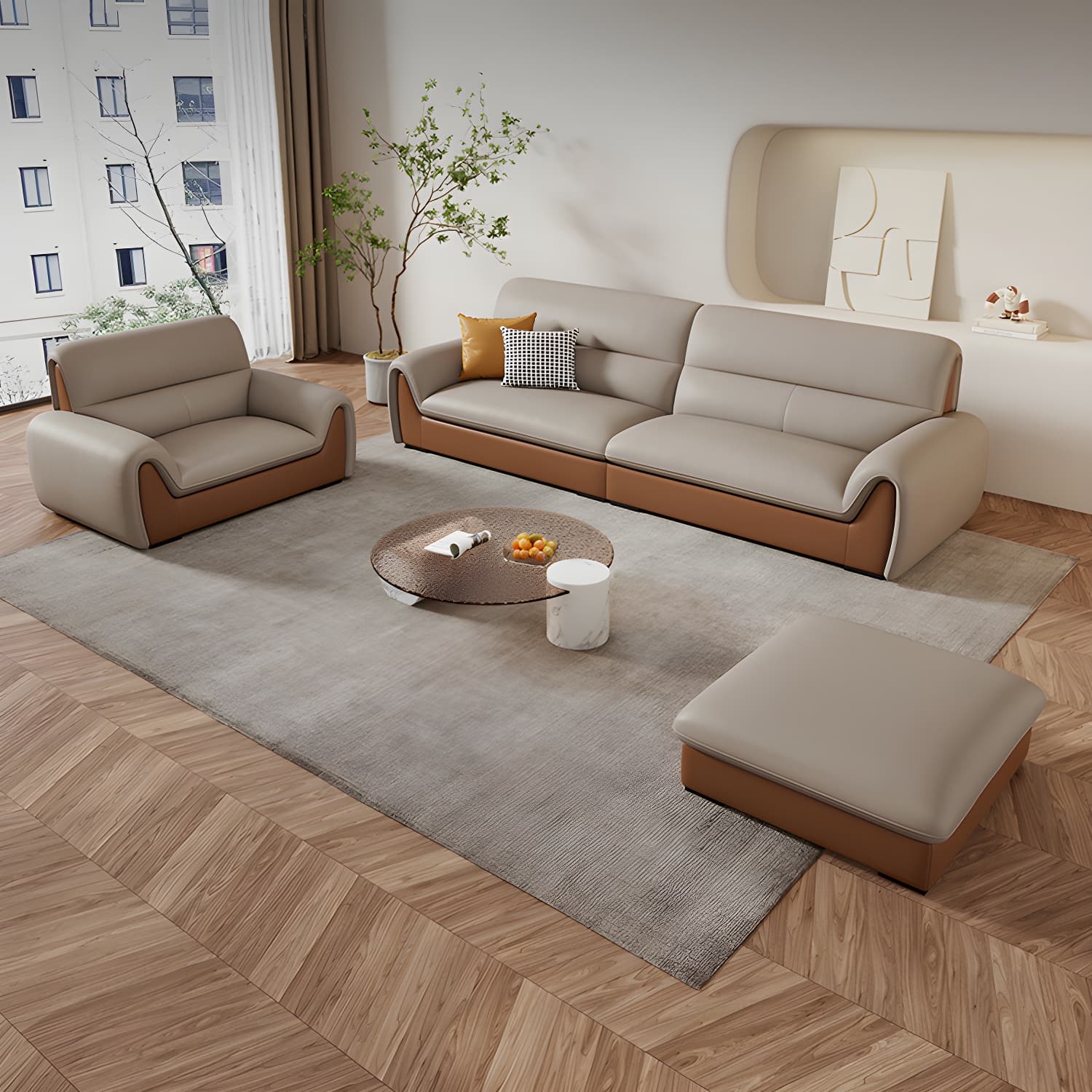 Modern Brown Leather Pillow Top Sectional Sofa with Wood Frame