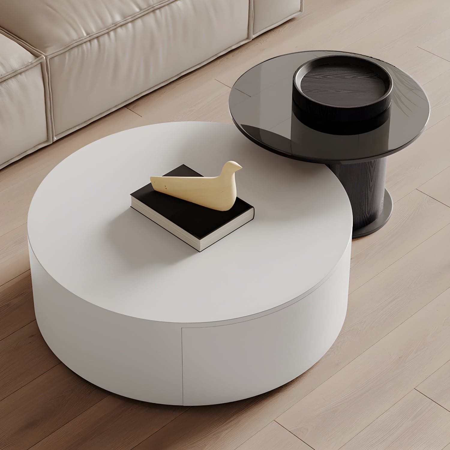 Modern Round Coffee Table with Metal Drum Base and 2 Drawers - image 5