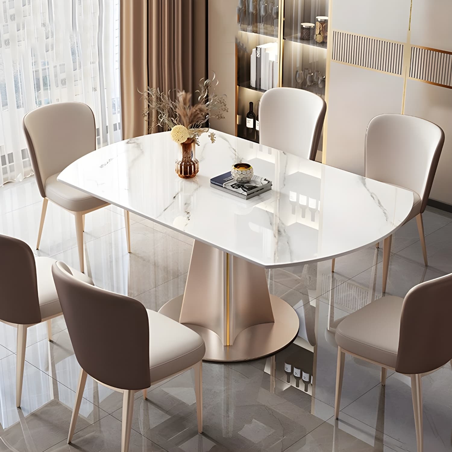 Glam Round Dining Set with Gold Pedestal Base and Self-Storing Leaf - Extension Feature