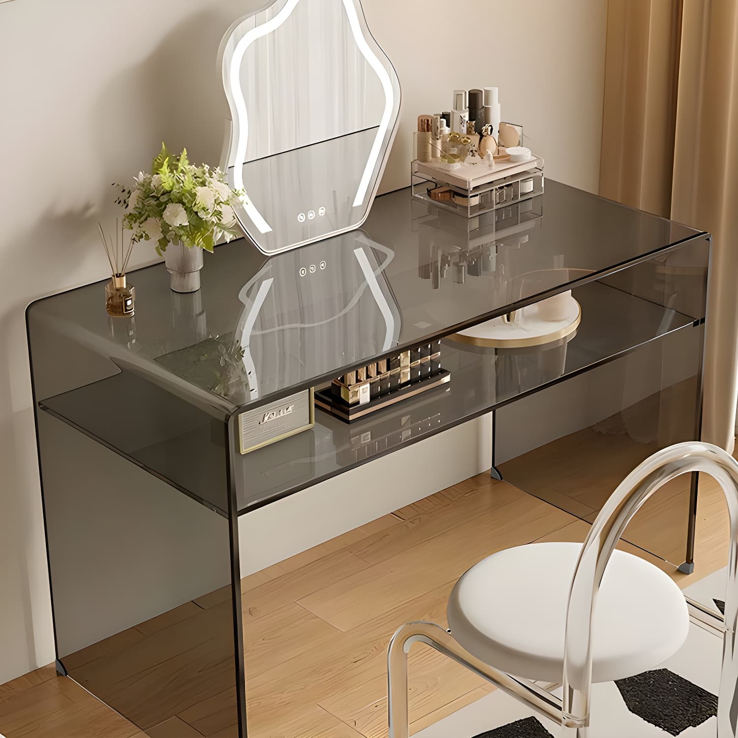 Transparent Glass Rectangular Dressing Table Double Base with Partition - image 4