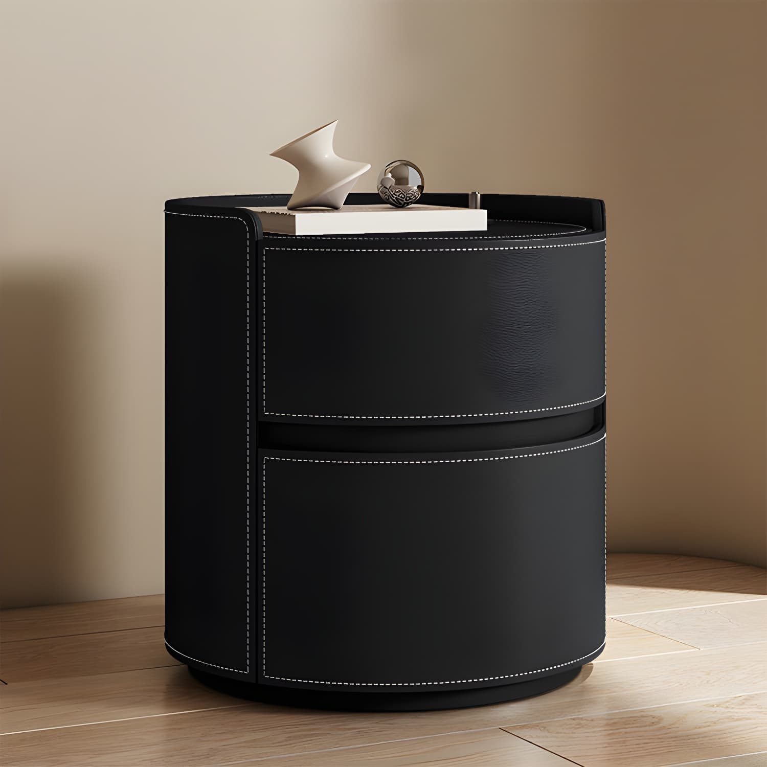 Chic Modern Round Nightstand with Light Wood Tone Faux Leather and Numerate Two Drawer Storage