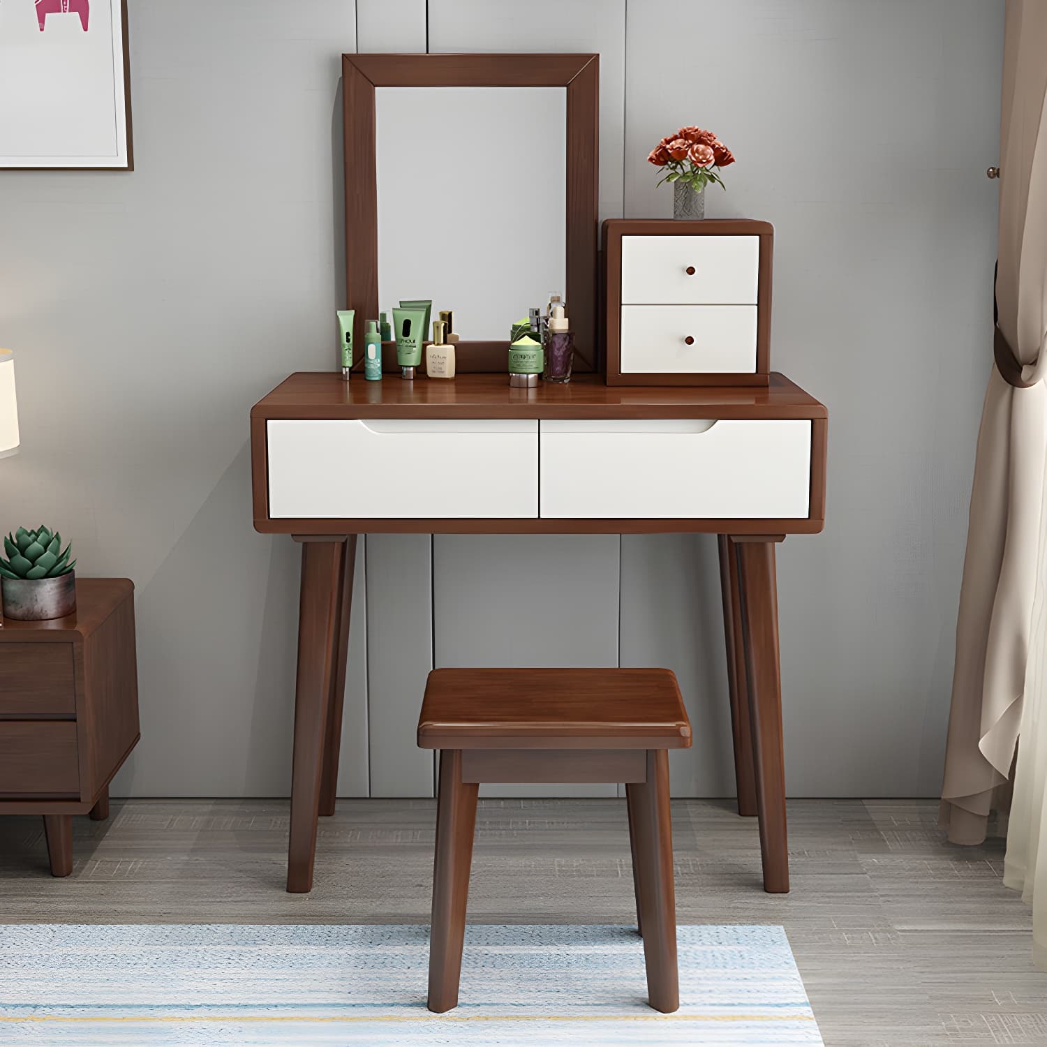 Contemporary Solid Wood Makeup Table Vanity Stool with Drawers - image 13