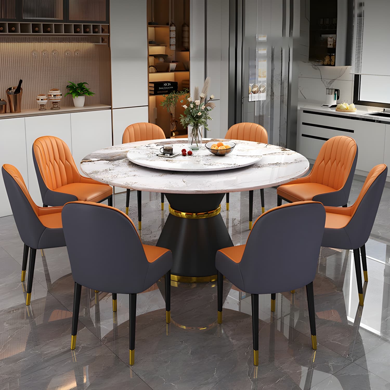 Stone Modern Round Dining Table with Black Steel Pedestal Base and Lazy Susan - image 7
