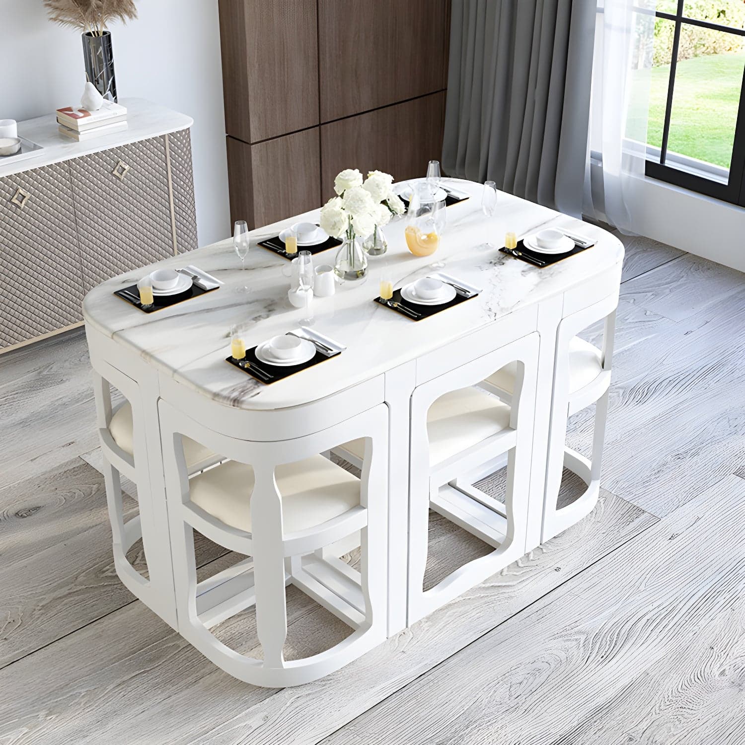 7-Piece Modern Wood Dining Set with Trestle Base and Upholstered Chairs in White - Seats 6 - image 6