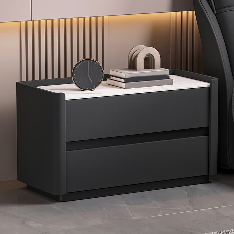 Modern Faux Leather Nightstand with 2 Drawers in Stone Countertop - image 3