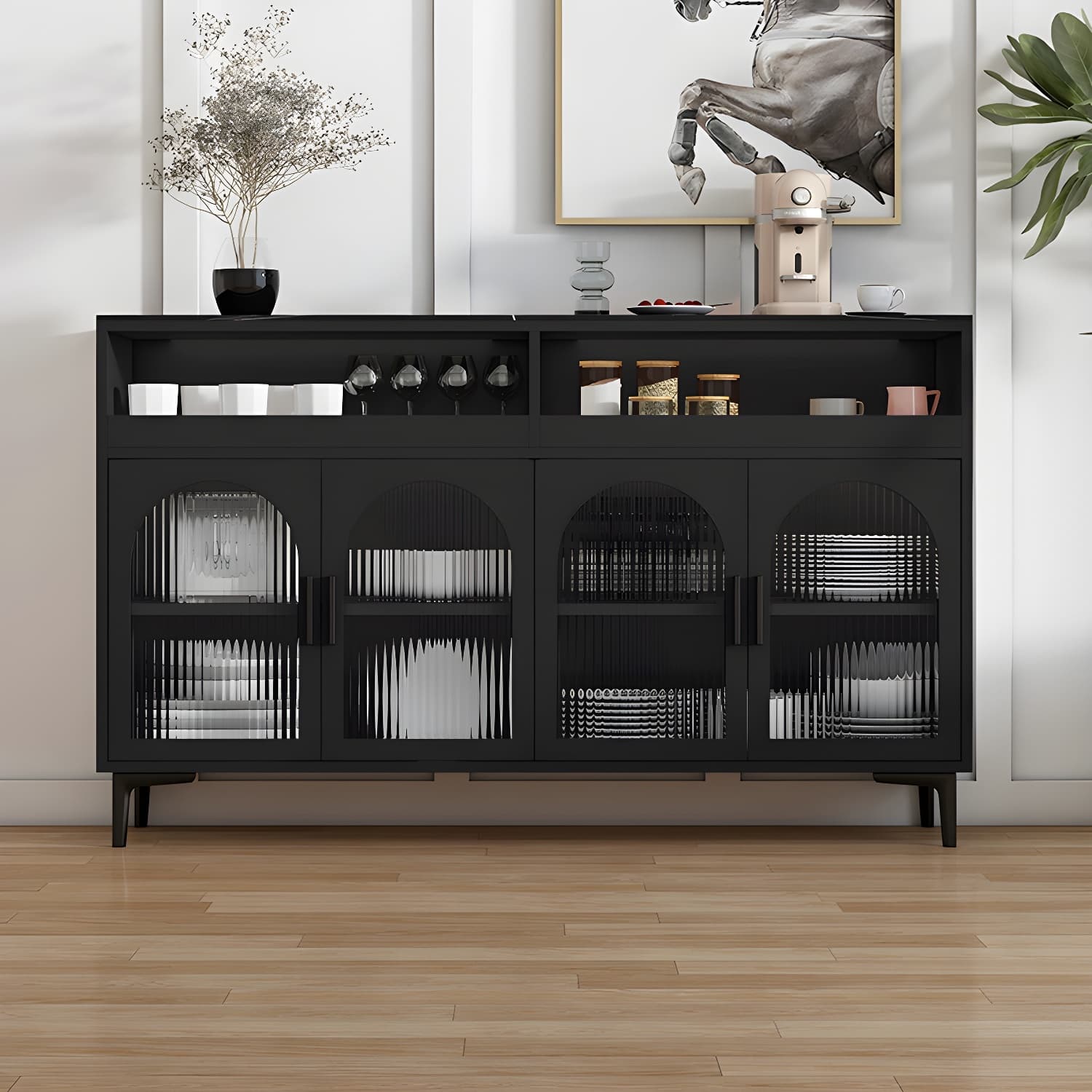 Modern Wood Buffet Sideboard with Stone Countertop and Glass Doors - image 3