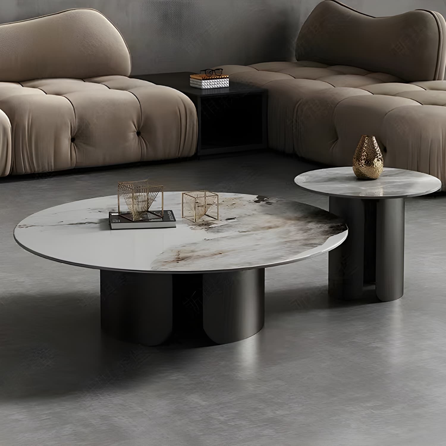 Chic Modern Round Beige Stone Top Coffee Table with Industrial Iron Base - image 3