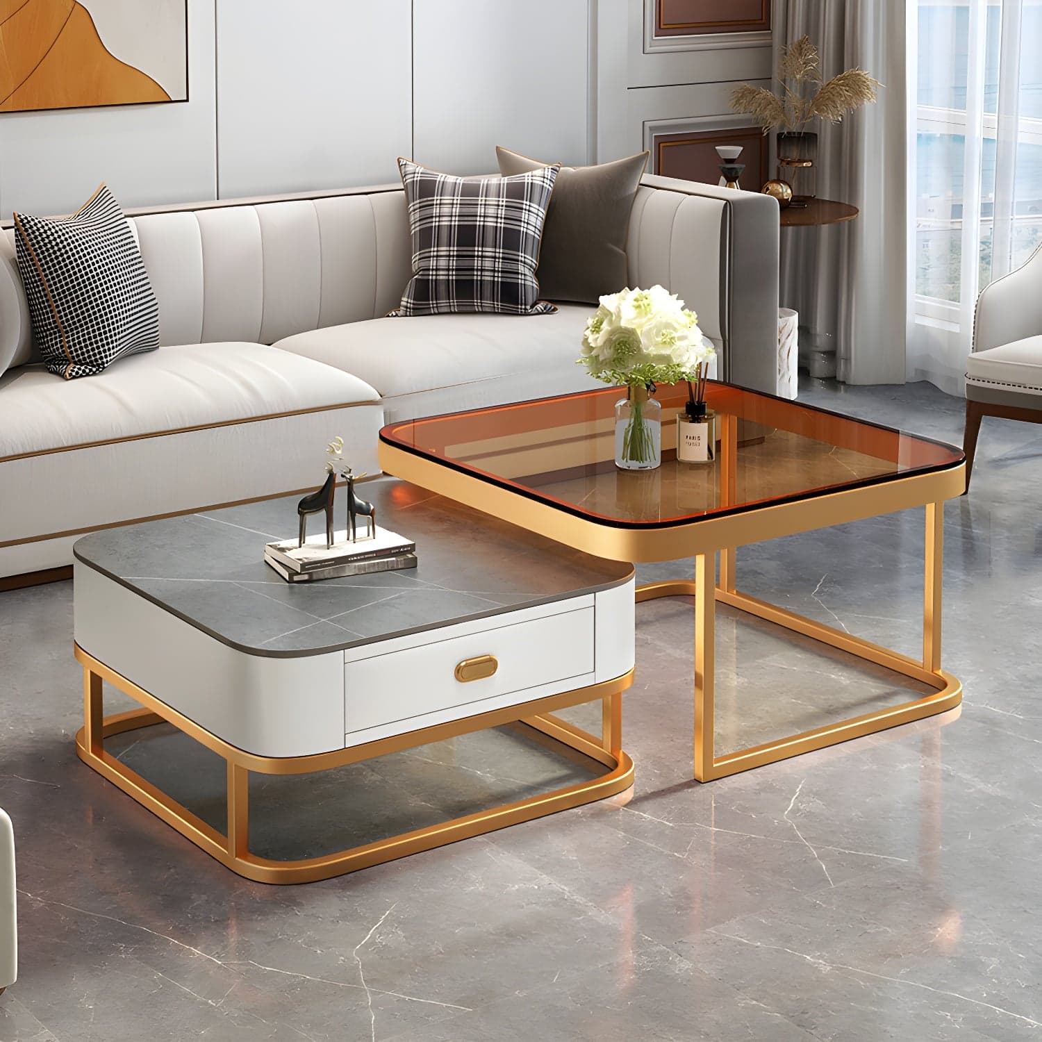 Modern Coffee Table Glass Top Square Nesting Coffee Table Set - image 5