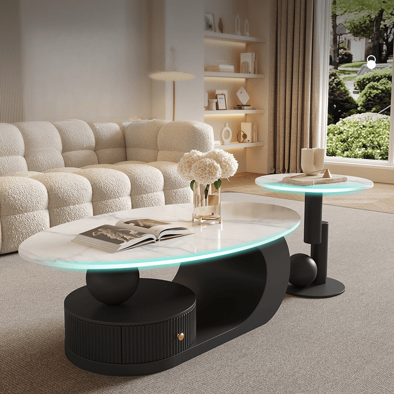 White/Midnight Black Scratch-proofed Oval Sintered Stone Board Game Coffee Table with Abstract Base and 1 Drawer for Living Room - image 7