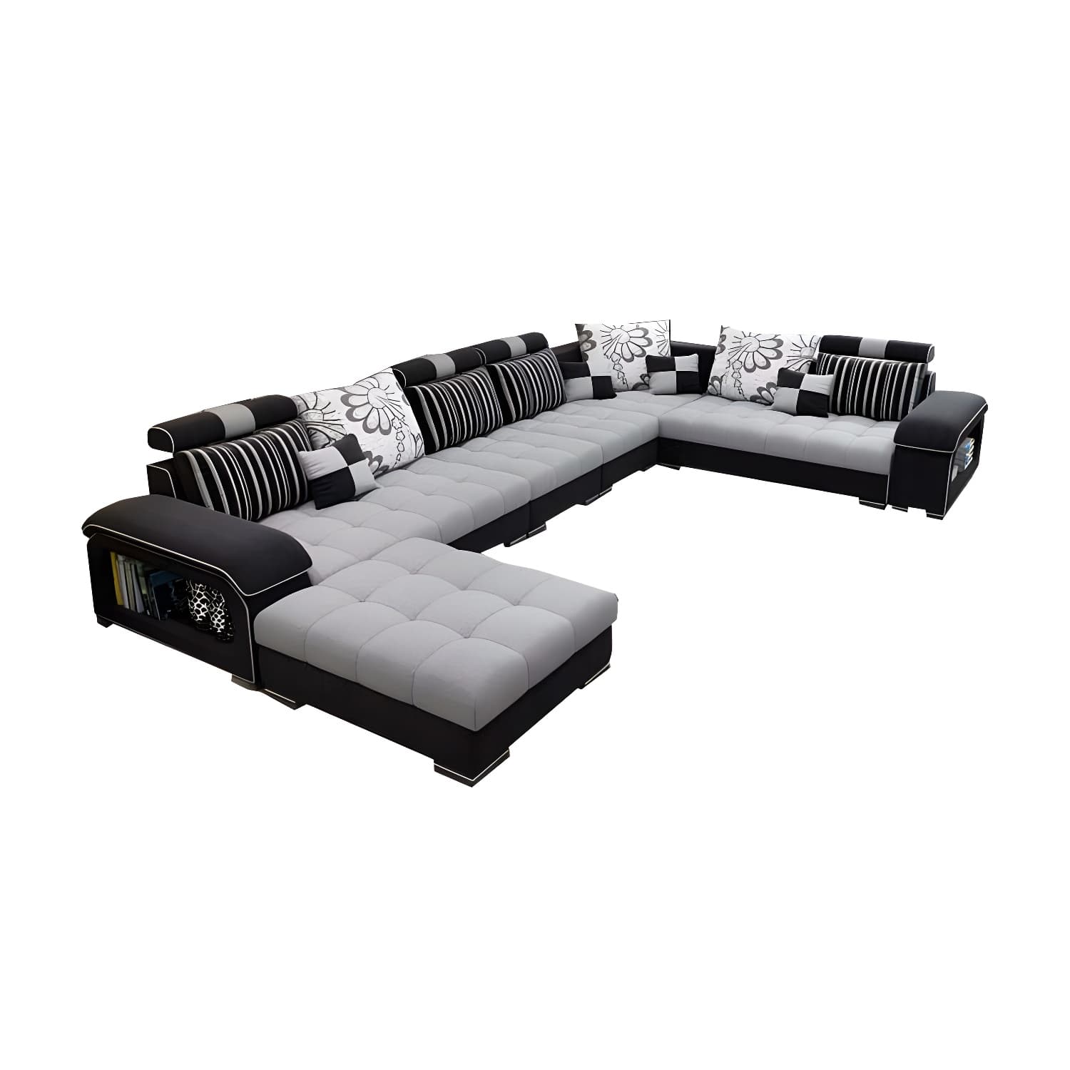 Modern Wooden U-Shape Reversible Modular Corner Sectional Set with Storage and Ottoman