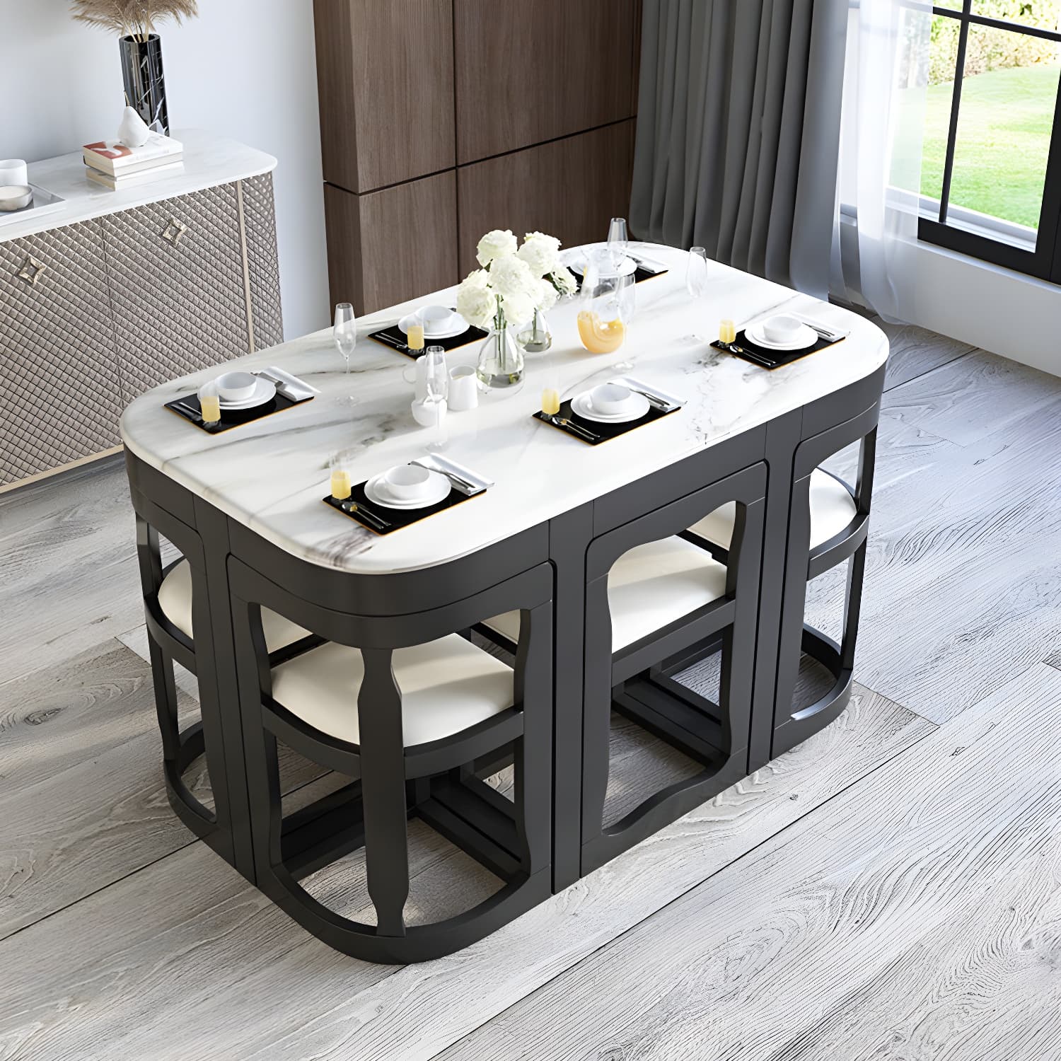 7-Piece Modern Wood Dining Set with Trestle Base and Upholstered Chairs in White - Seats 6 - image 7