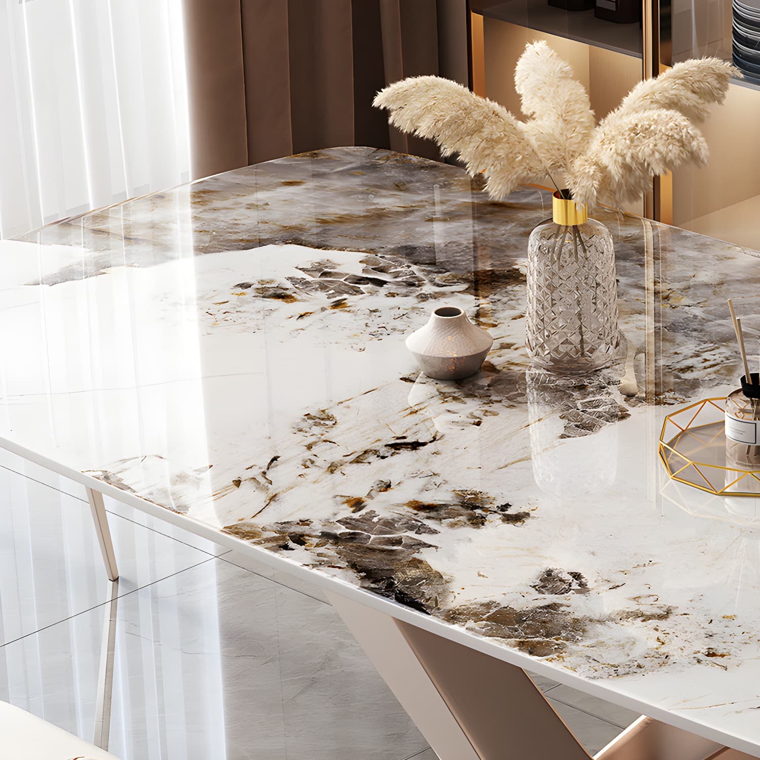 Modern Sintered Stone Top Dining Set Rectangle 1/2/5/7 Pieces Dinette Table Set in Gold - image 7
