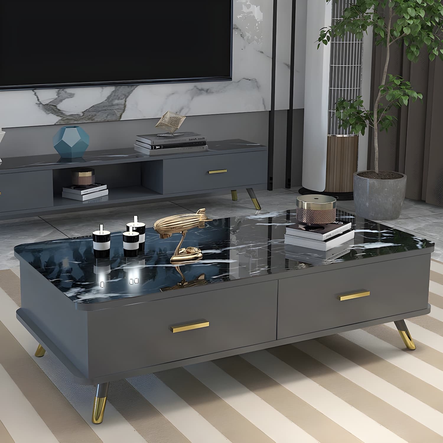 Glam Hollywood Regency Gold Metal Coffee Table with Storage Drawers