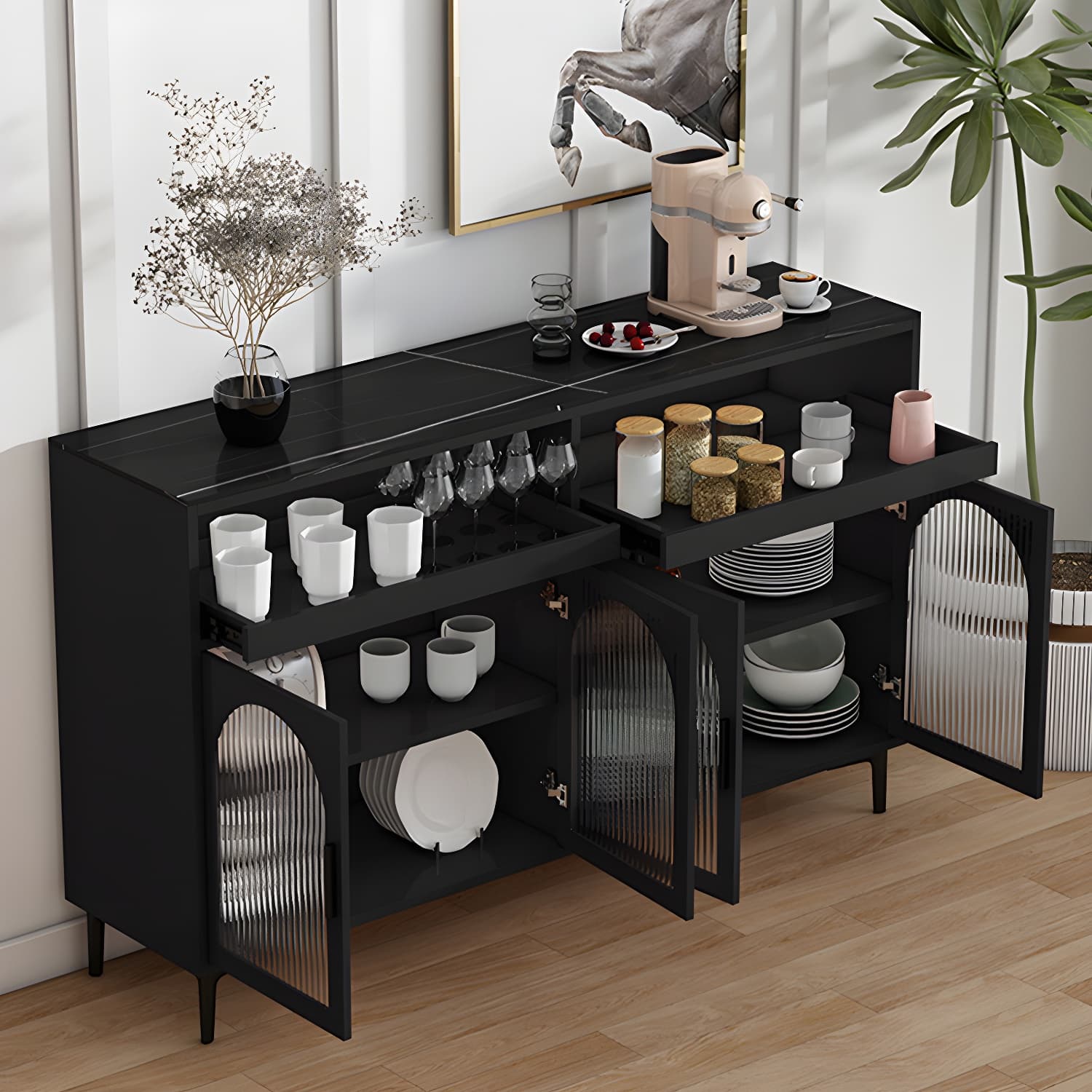 Modern Wood Buffet Sideboard with Stone Countertop and Glass Doors - image 13