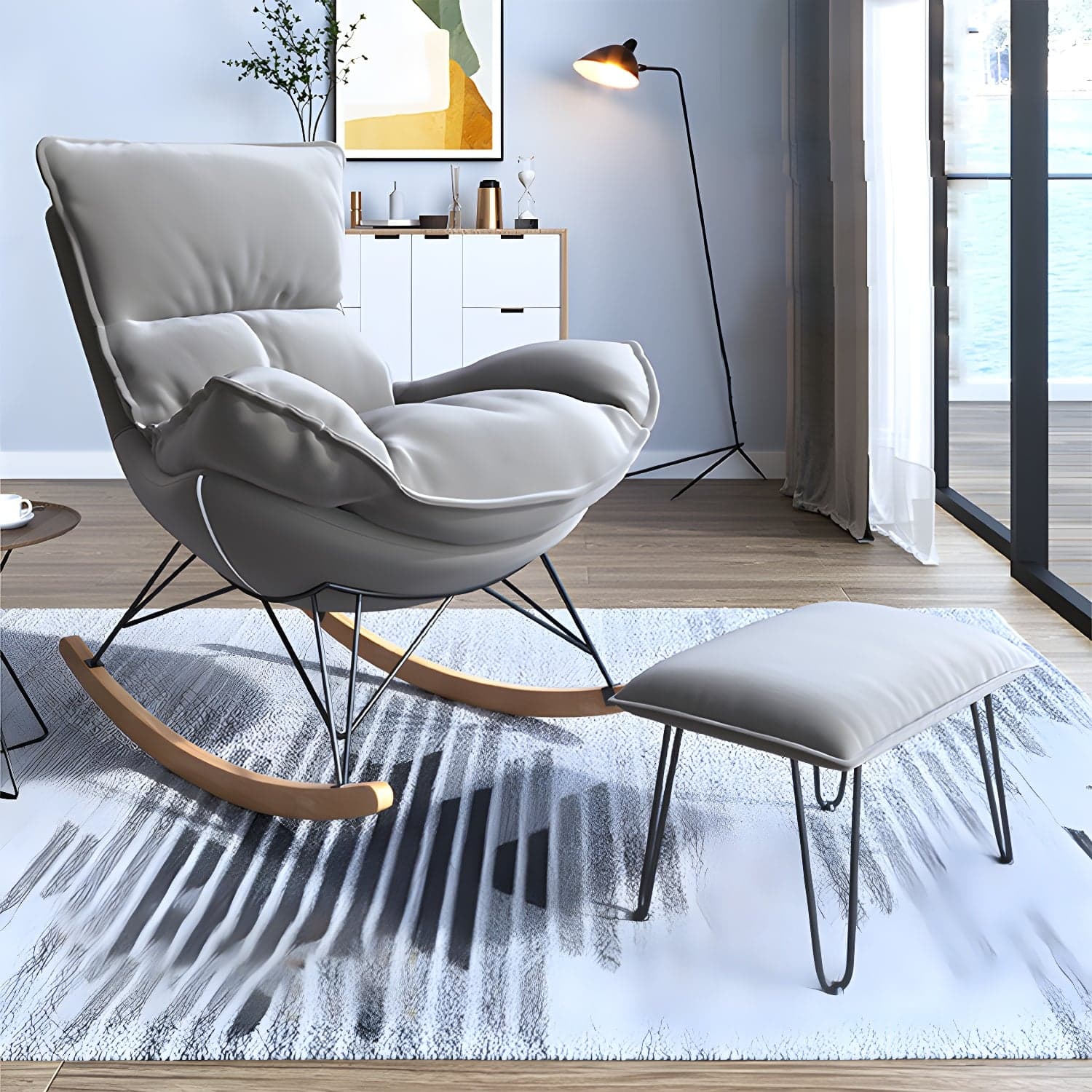 Contemporary Rocker Chair Antique Finish Rocking Chair with Ottoman - image 5