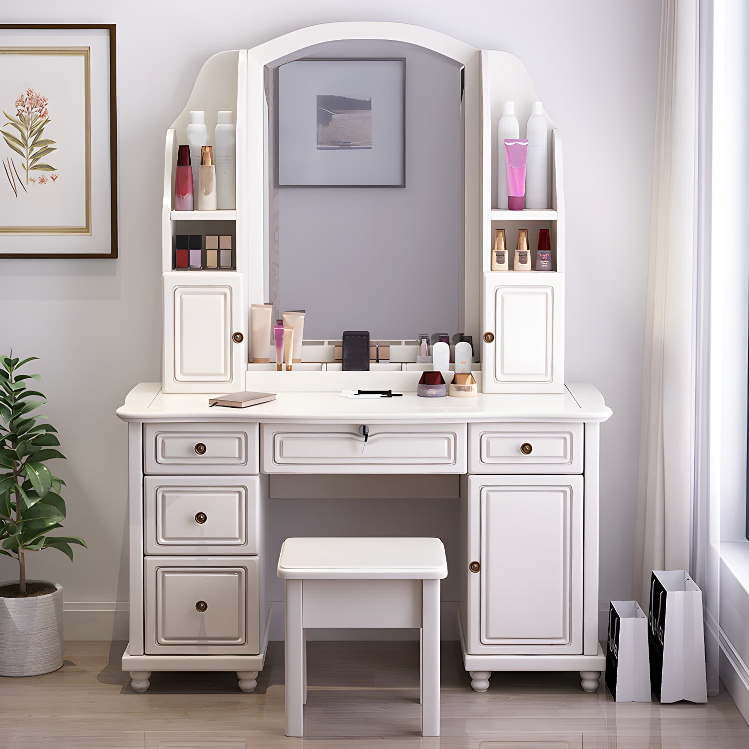 Traditional Solid Wood Makeup Dressing Table 60.23" H Vanity Set with Stool and Mirror - image 15