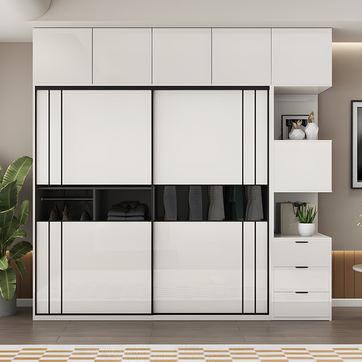 White Colour Wooden Wardrobe Cloth Rod Included Wardrobe Closet with Shelves