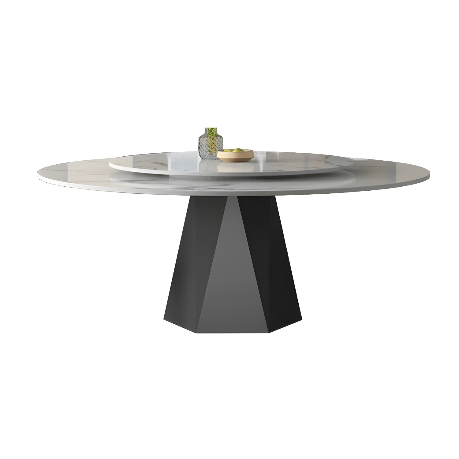 Round White Marble Modern Dining Table with Black Steel Pedestal Base and Convenient Lazy Susan - image 6