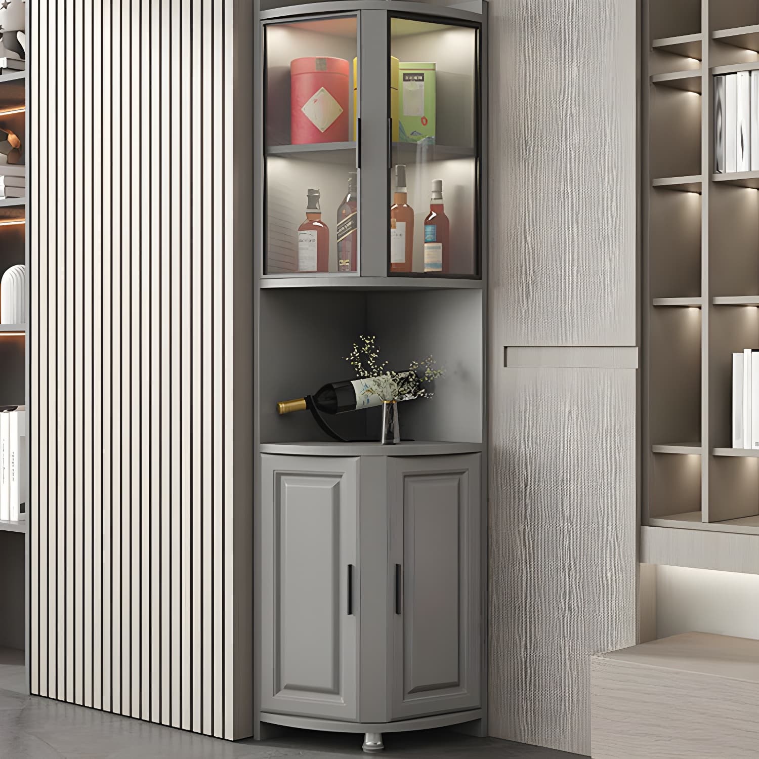Modern Grey Corner Accent Cabinet with Glass Doors and 8 Interior Shelves
