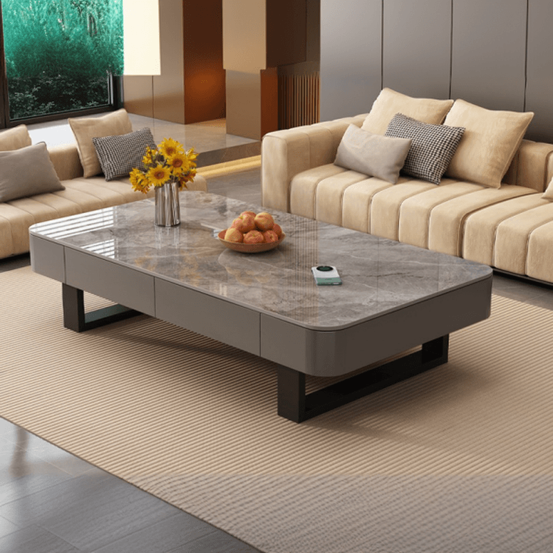 Funky Single Rock Side Table with Toboggan Base, Gray/White Square Top, and 1 Drawer