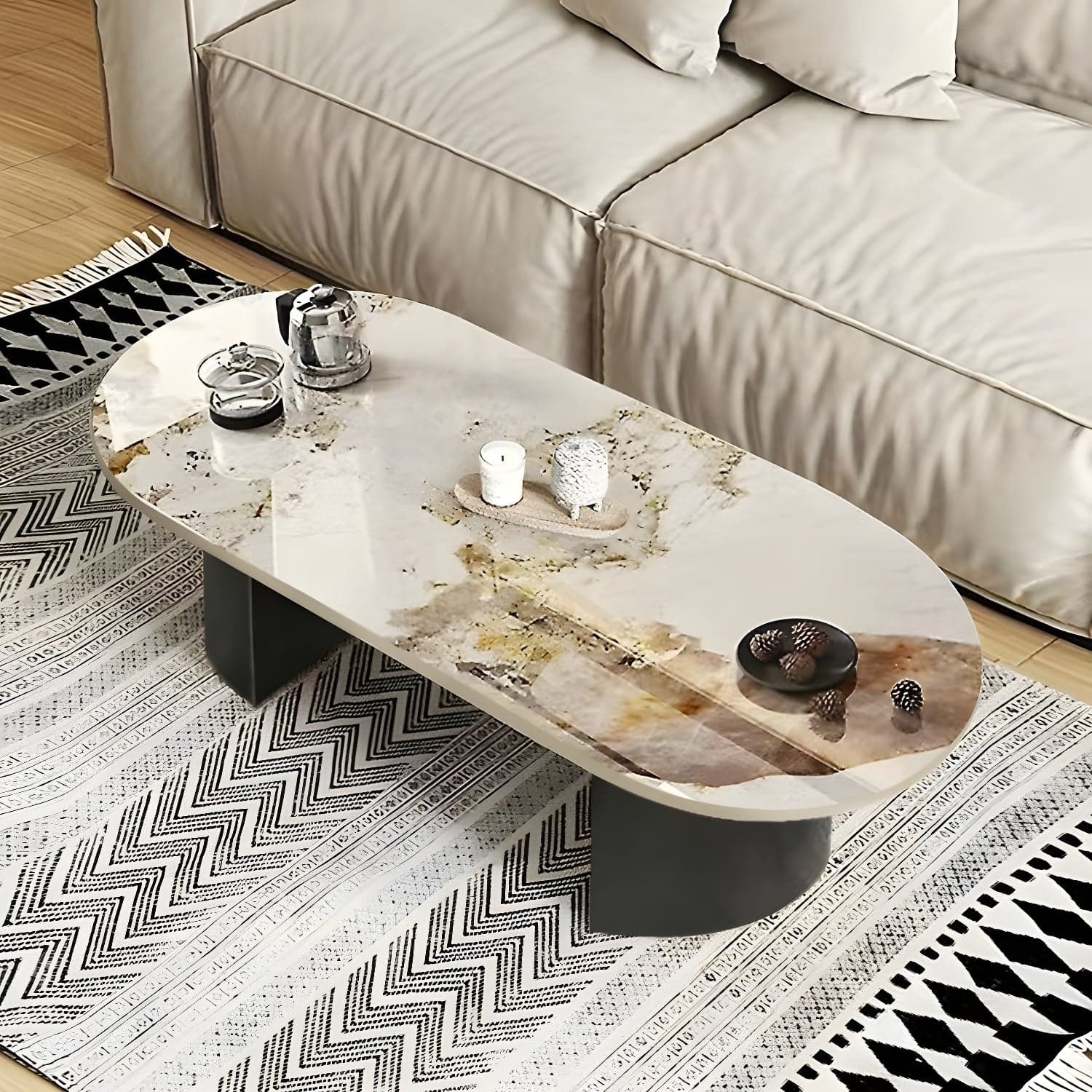 Modern Oval Stone Coffee Table with Double Pedestal Base for Living Room - image 3