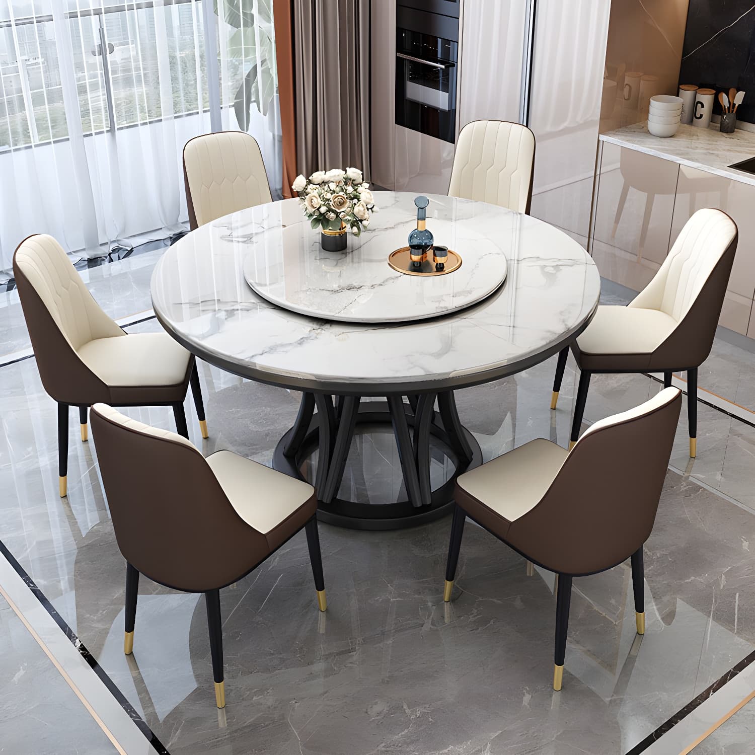 Modern Stone Round Folding Table Solid Wood Pedestal Casual Dining Table - image 11