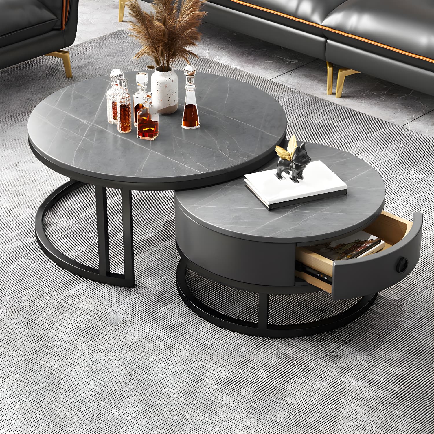 Modern Nesting Coffee Table Set Frame Round Coffee Table Set with Drawer - image 10