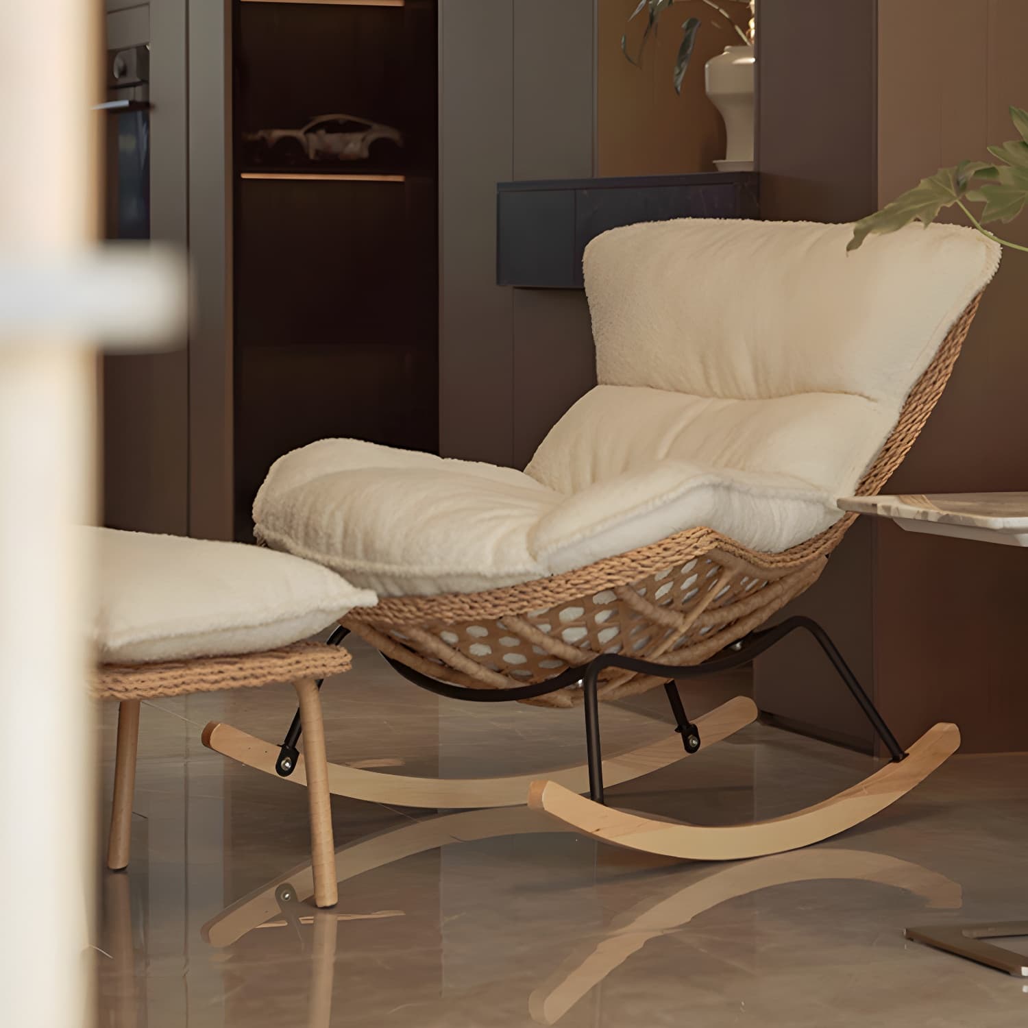 Traditional Armless Design Indoor Rocking Chair with rattan Frame and Nature Wood Legs - image 10
