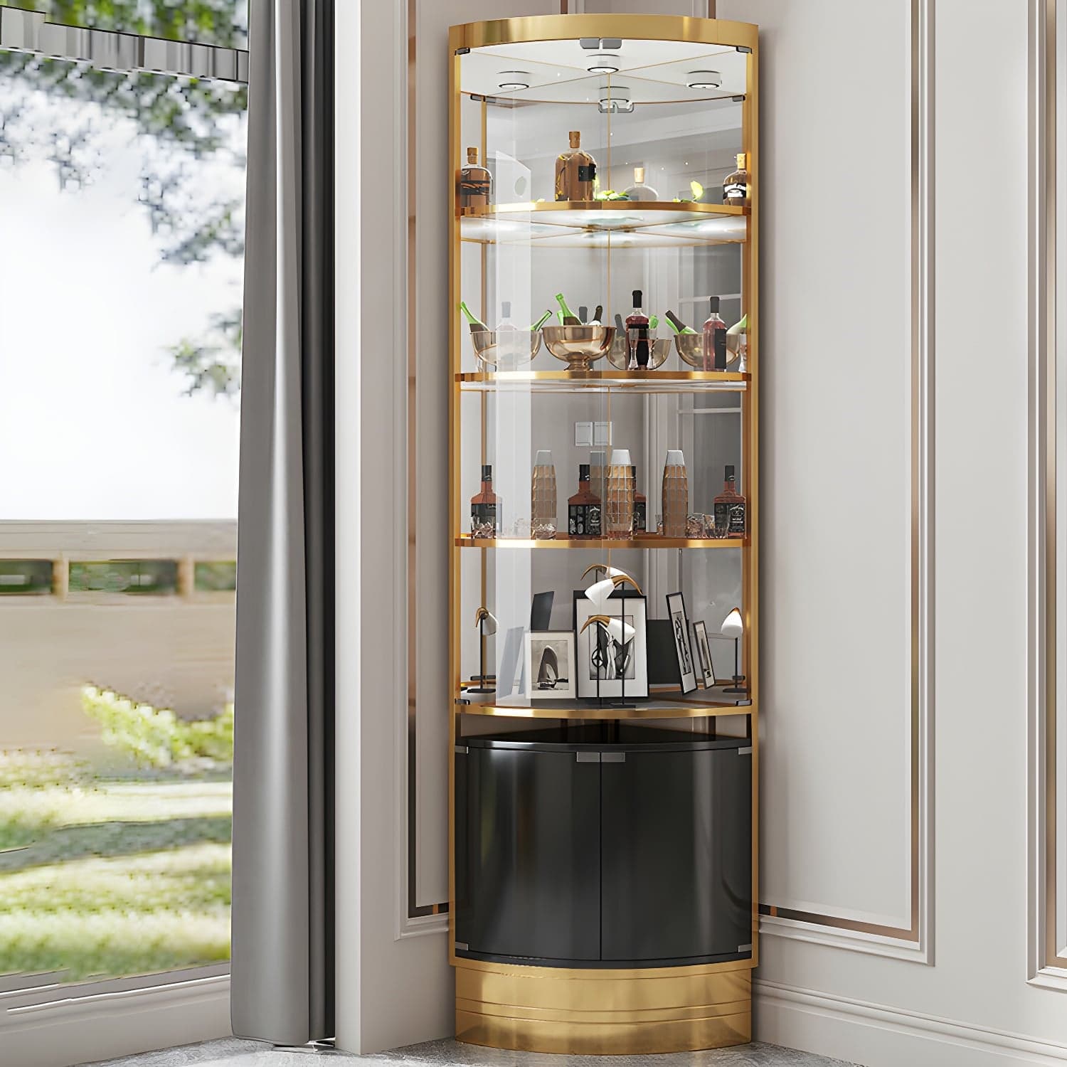 Glam Metal Corner Glass Paned Knobs Accent Cabinet with Shelves - image 5