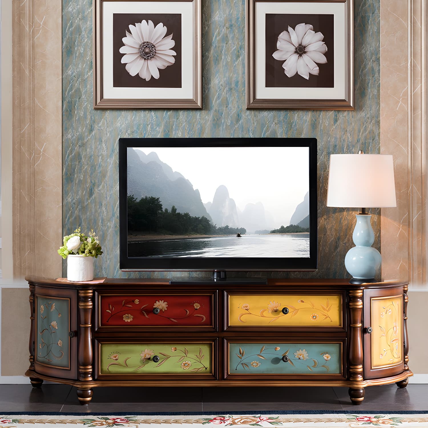 Traditional Birch Wood Media Console Matte Finish TV Media Stand with Drawers - image 7