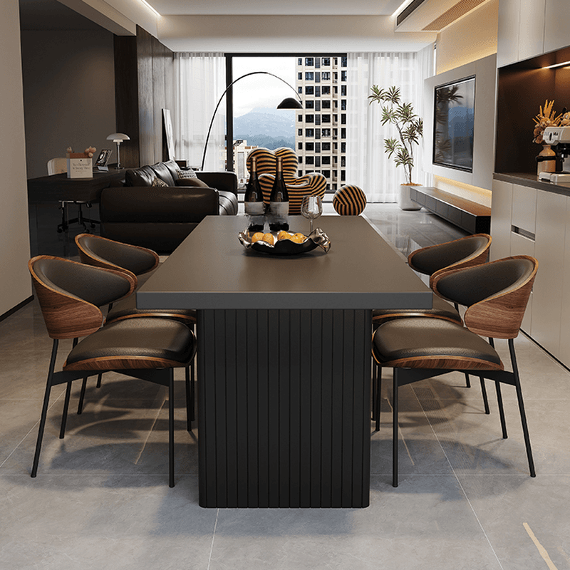Dining Table Set with Slate Top and Two-sided Pedestal, Padded Chair with Back for 6 People, 7 Piece Set in Midnight Black