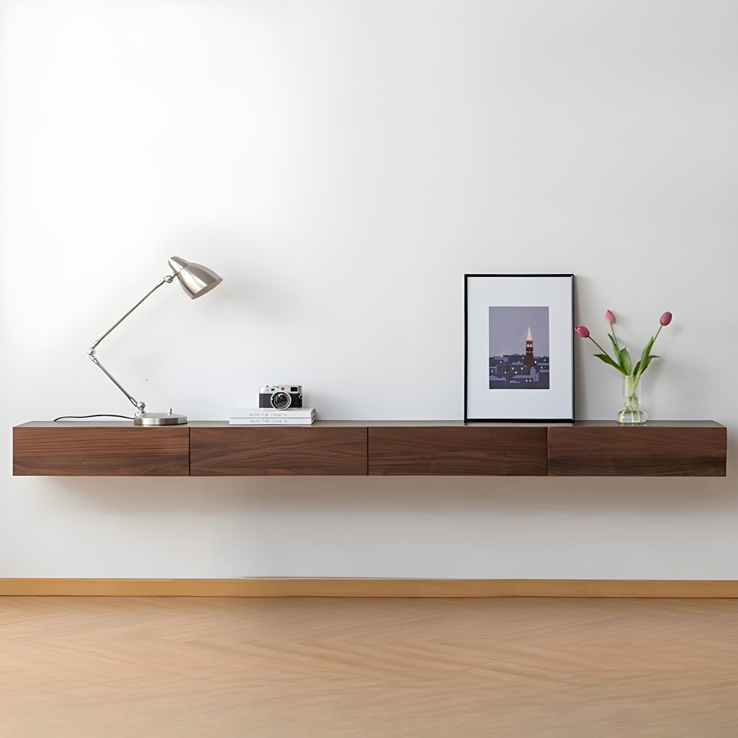 Modern Wall-Mounted Walnut TV Media Console with 2-Drawer and 2-Door