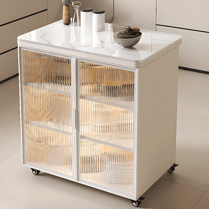 Trendy Sideboard on Caster Wheels with Narrow Stone Countertop, Glazed Door, Adjustable Shelving, and Lighting System - image 3