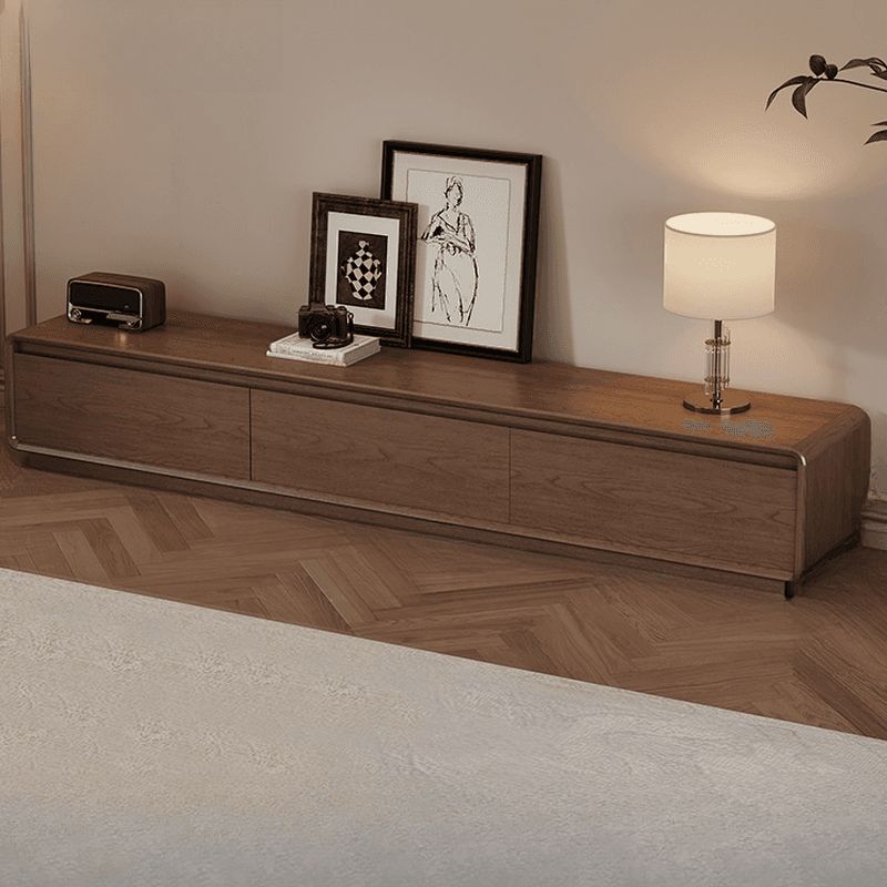 Mid-Century Modern Natural Wood TV Stand with Shelf, 2-Drawer, Hutch, and Cable Management